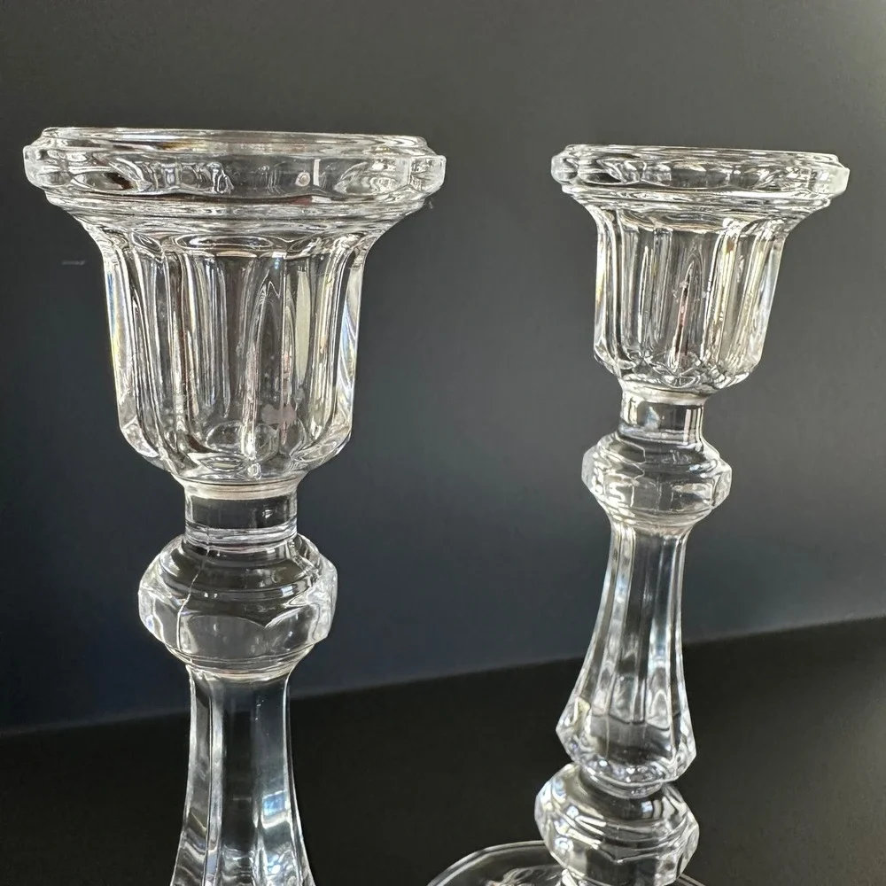 Vintage‎ Clear Pressed Glass Taper Candlestick Holders Pair Paneled Scalloped